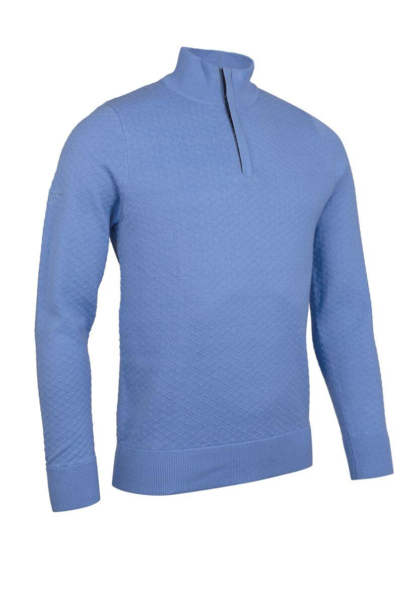 Mens Quarter Zip Diamond Knit Cotton Golf Sweater Light Blue M