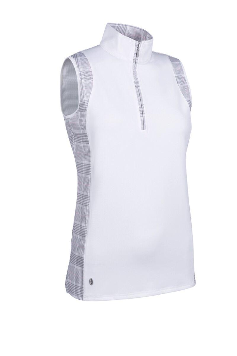 Ladies Printed Panel Stand Up Collar Sleeveless Performance Golf Top Sale White/Light Grey/Candy Check M