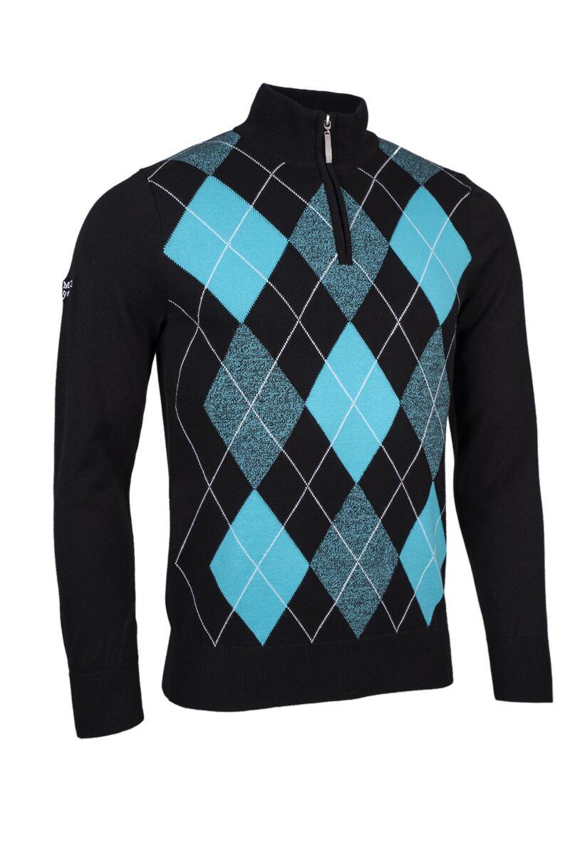 The Open Mens Quarter Zip Diamond Argyle Cotton Golf Sweater Black/Aqua XL