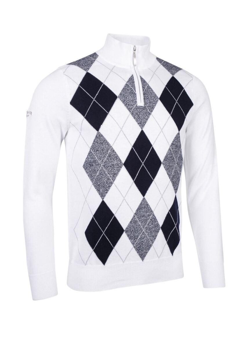 Mens Quarter Zip Diamond Argyle Cotton Golf Sweater White/Navy XL