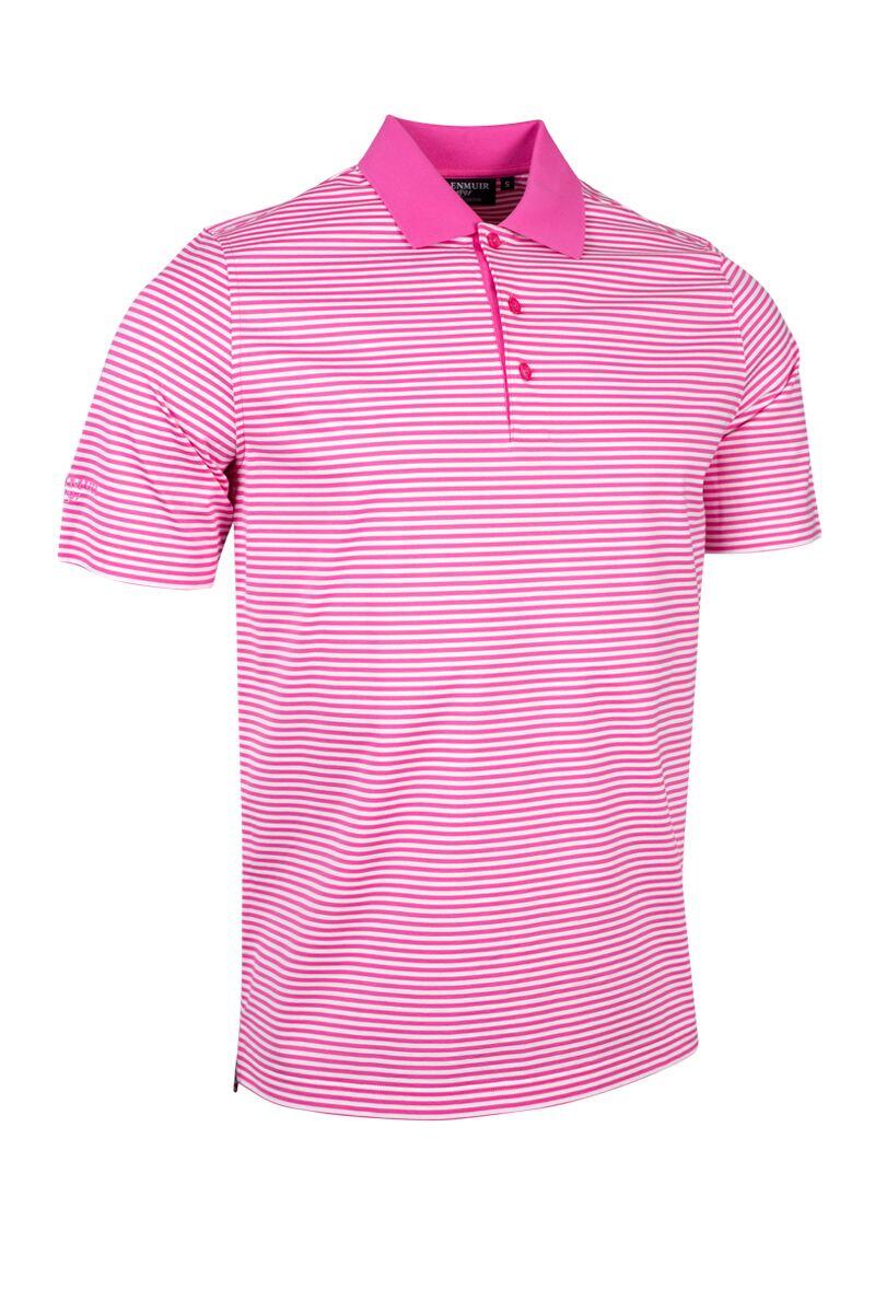 Mens Striped Mercerised Luxury Golf Shirt Hot Pink/White S