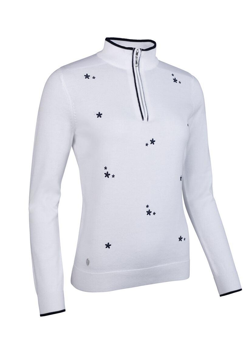 Ladies Quarter Zip Floral Embroidery Cotton Golf Sweater White/Navy L