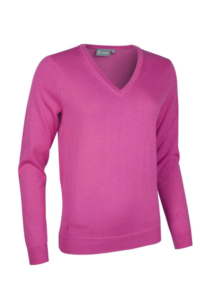 Ladies V Neck Cotton Golf Sweater Hot Pink XL