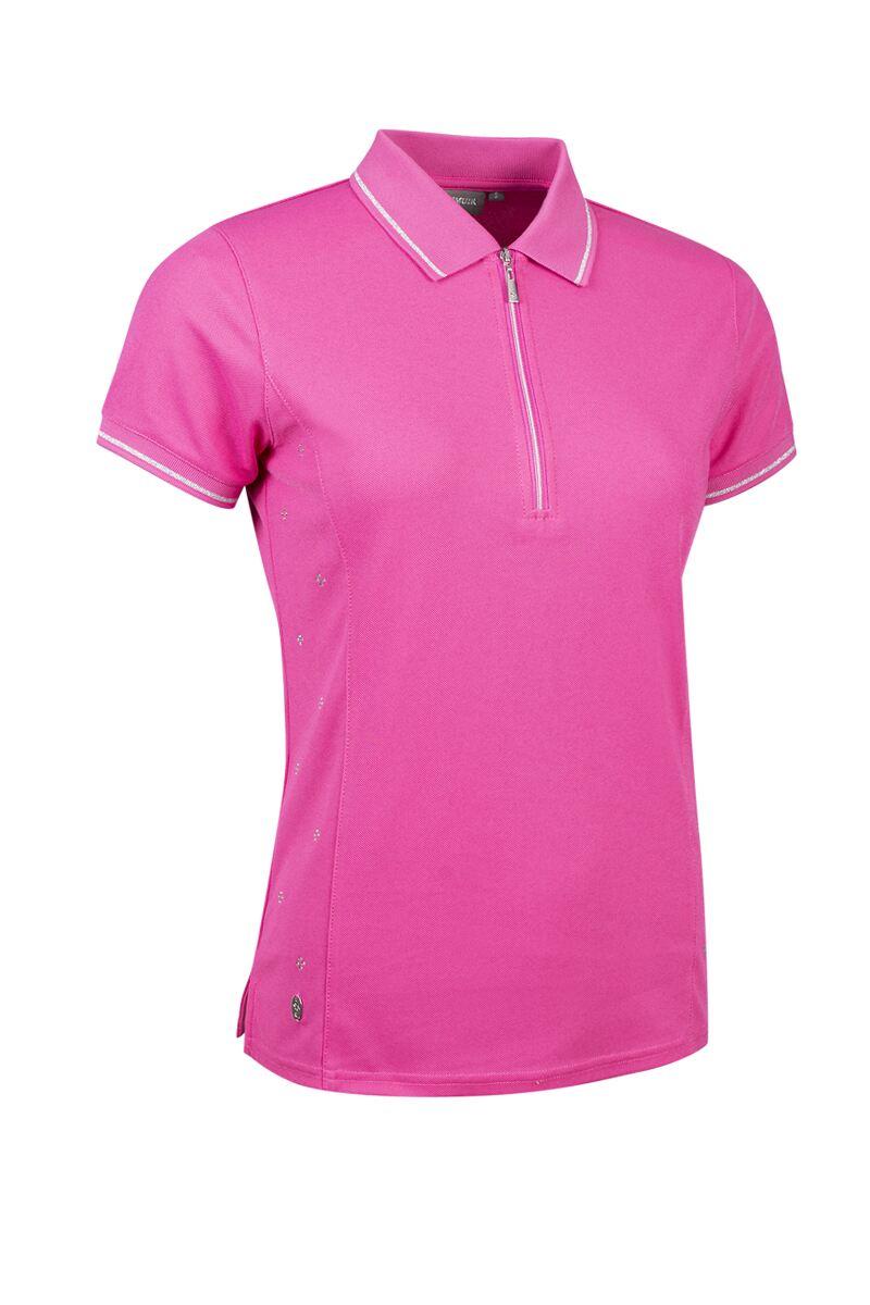 Ladies Diamante Panel Zip Performance Pique Golf Shirt Hot Pink/Silver L