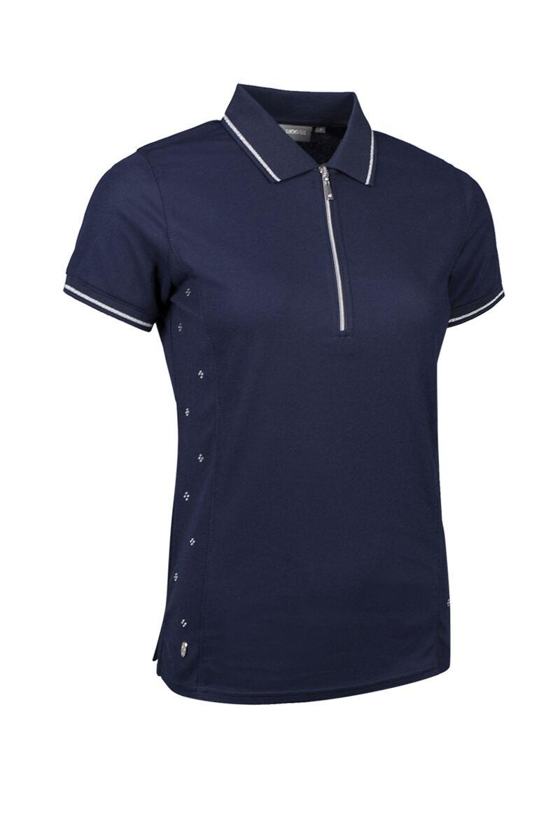 Ladies Diamante Panel Zip Performance Pique Golf Shirt Navy/Silver S