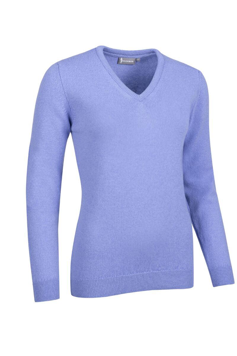 Ladies V Neck Lambswool Golf Sweater Light Blue L