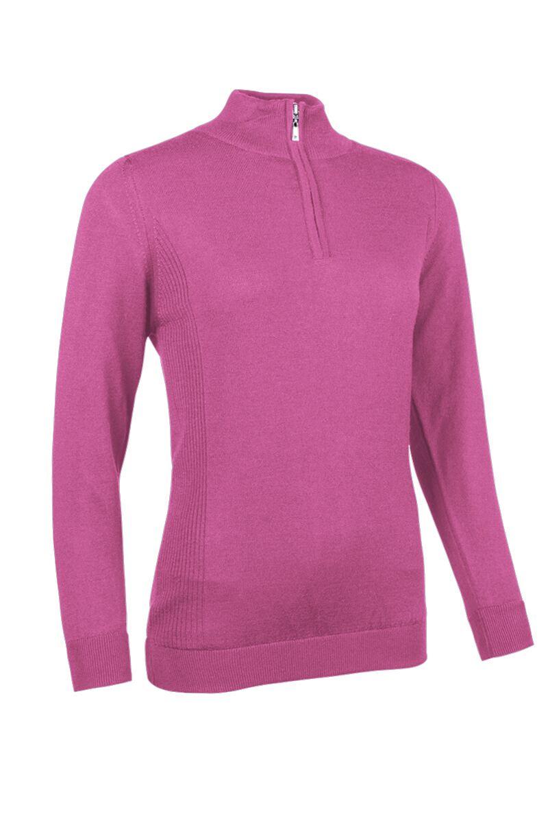 Ladies Quarter Zip Water Repellent Lined Rib Merino Blend Golf Sweater Hot Pink L