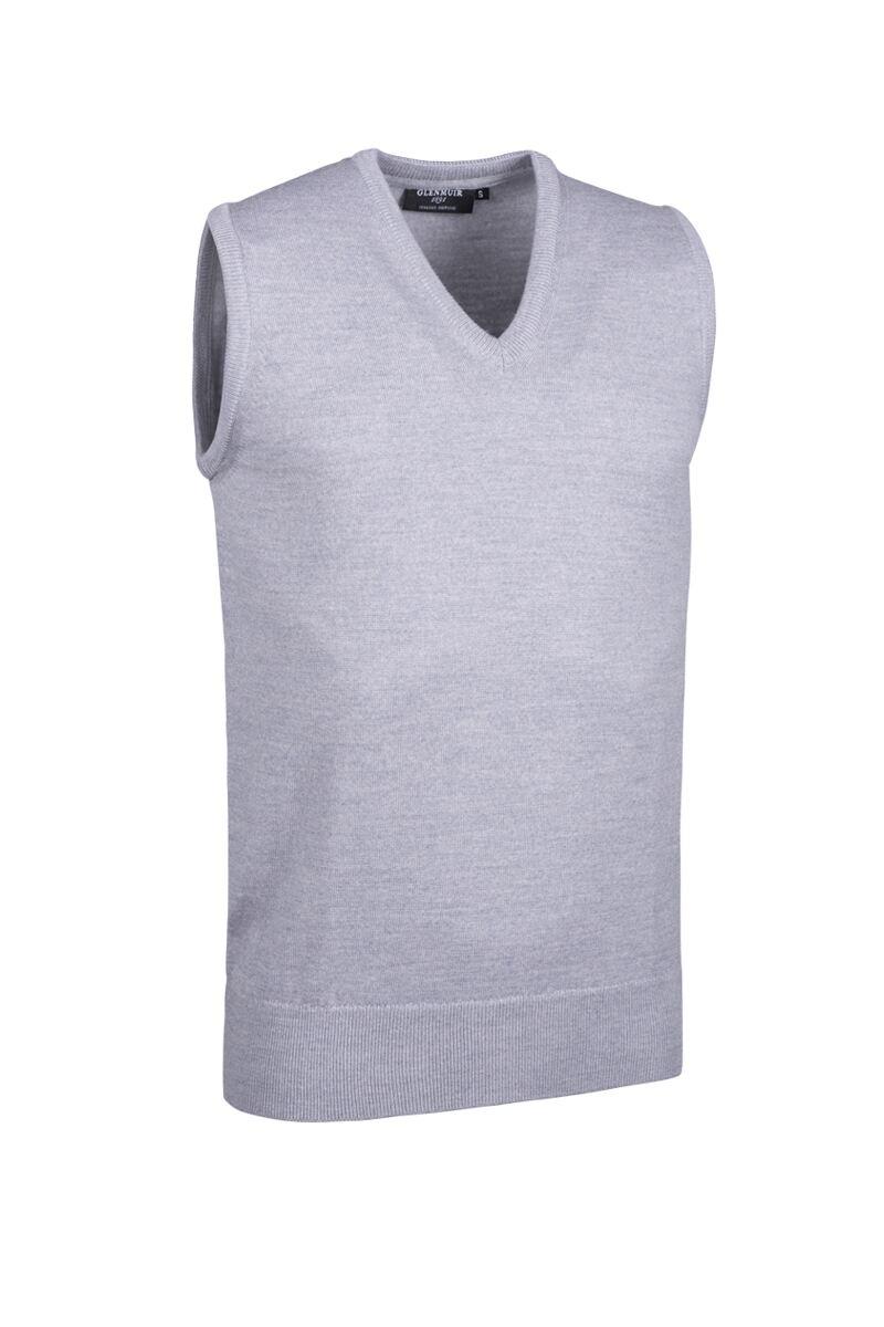 Mens V Neck Merino Wool Golf Slipover Light Grey Marl L