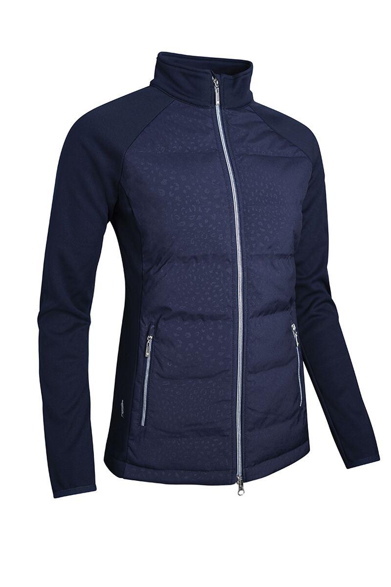 Ladies Zip Front Bonded Padded Hybrid Down Golf Jacket Navy Animal Print L