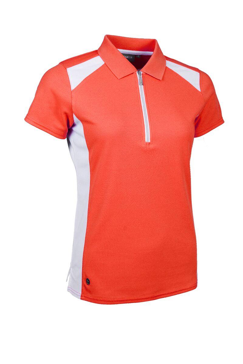 Ladies Contrast Panel Zip Performance Pique Golf Shirt Apricot/White L