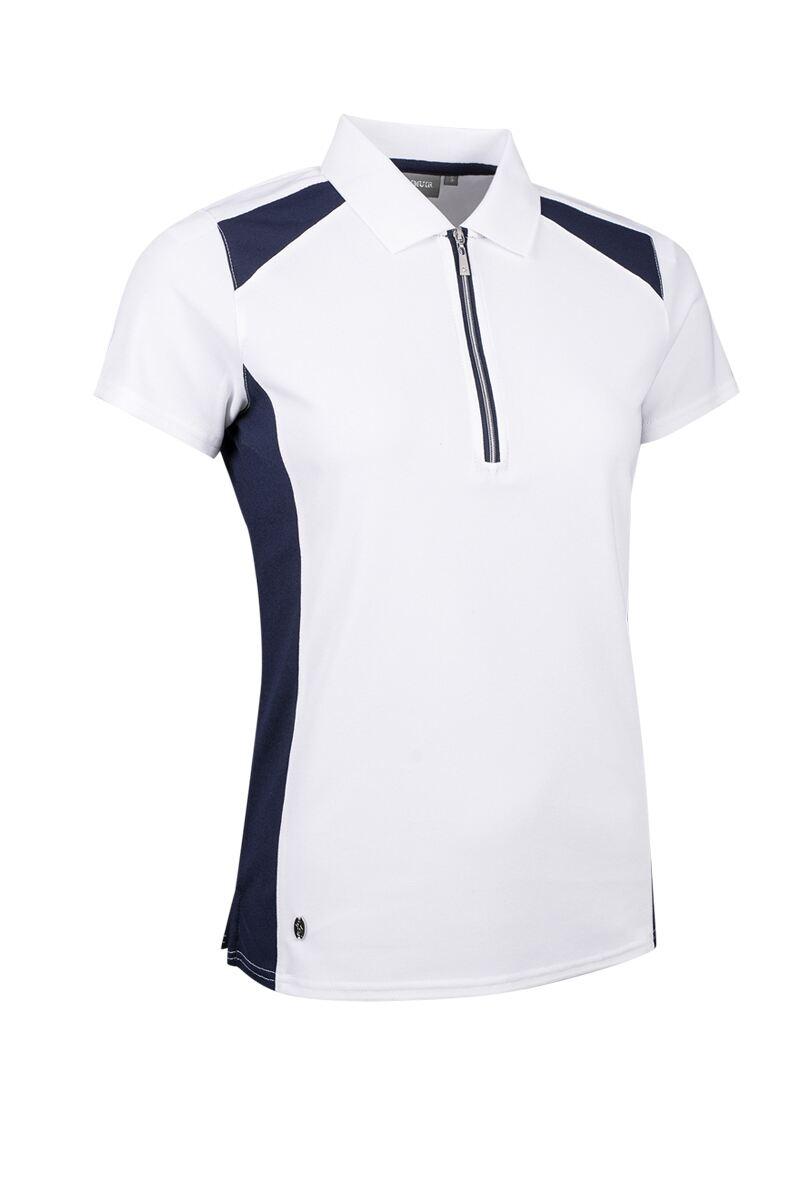 Ladies Contrast Panel Zip Performance Pique Golf Shirt White/Navy L