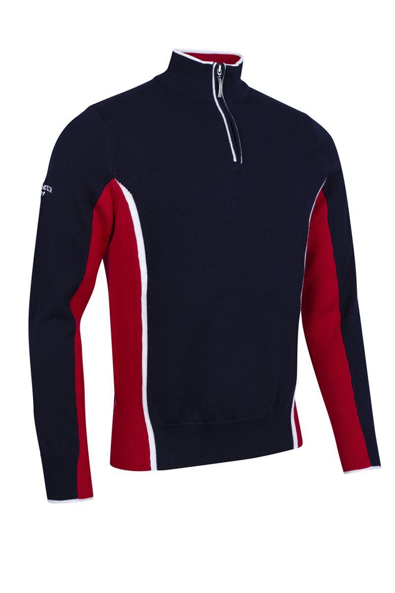 Mens Quarter Zip Side Rib Panel Cotton Golf Sweater Navy/Garnet/White M