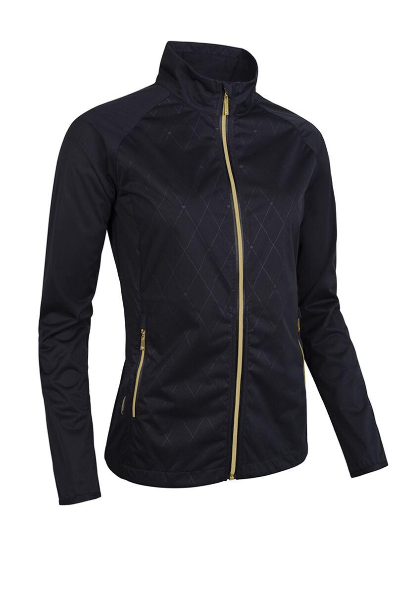 Ladies Full Zip Lightweight Stretch Water Repellent Golf Jacket Black Diamond Print/Gold S