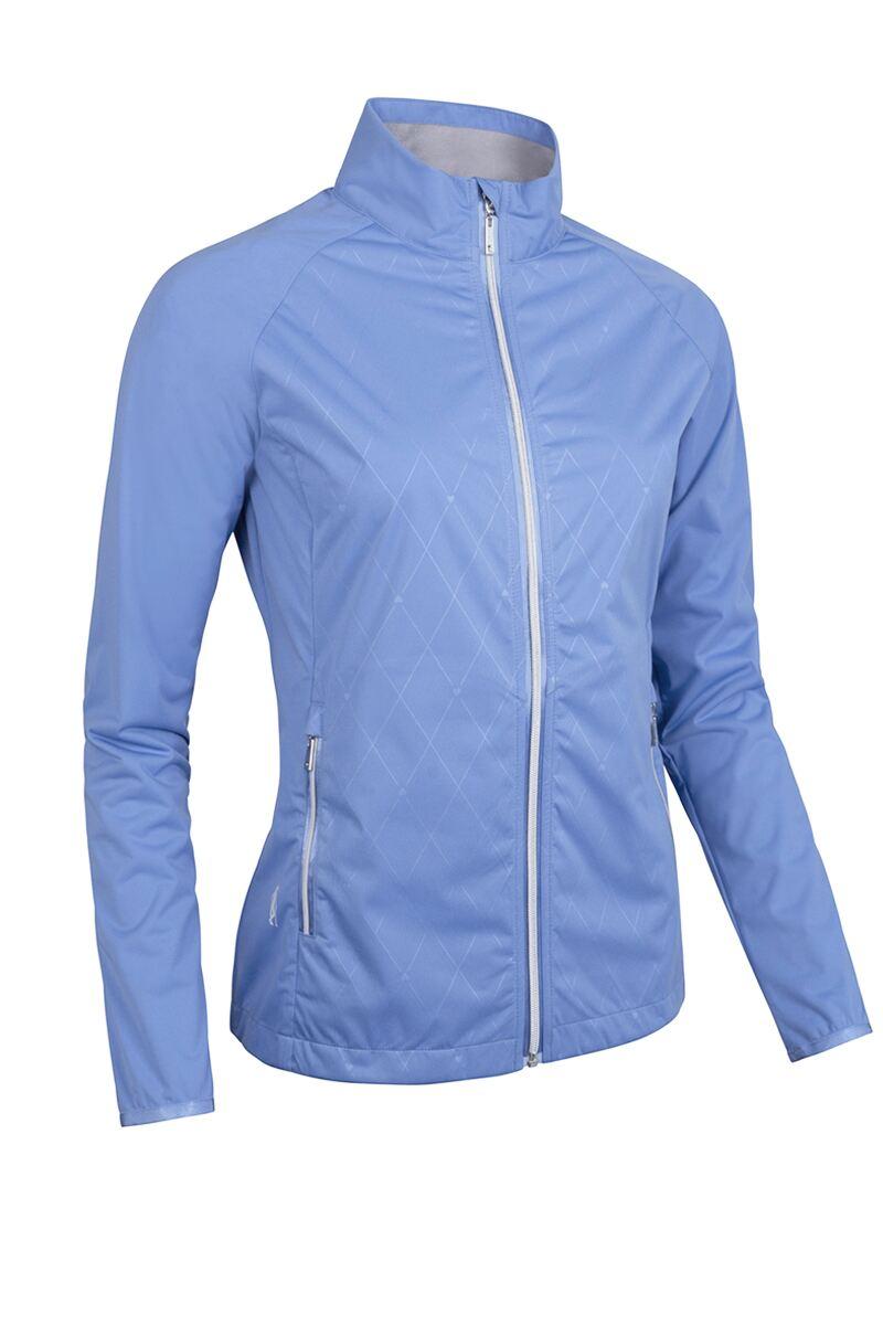 Ladies Full Zip Lightweight Stretch Water Repellent Golf Jacket Light Blue Diamond Print/Silver S