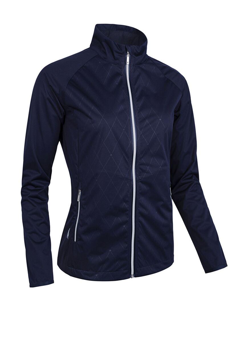 Ladies Full Zip Lightweight Stretch Water Repellent Golf Jacket Navy Diamond Print/Silver S