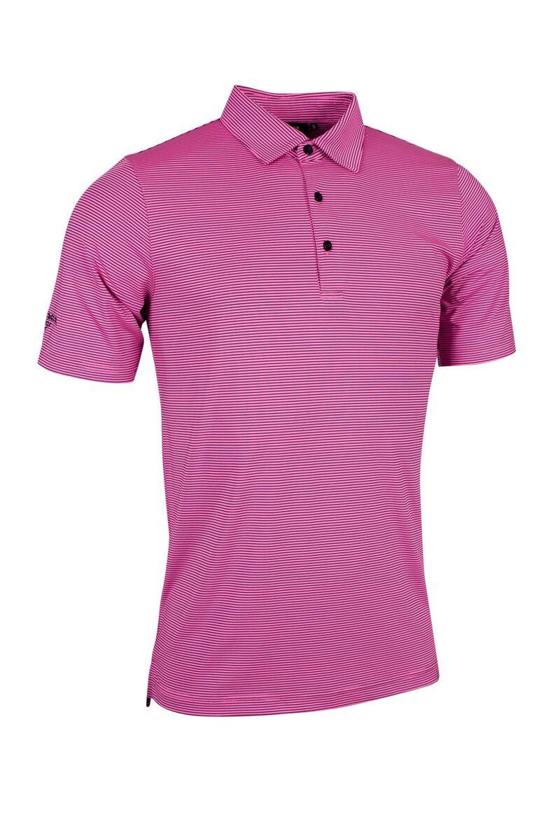 Mens Micro Stripe Performance Golf Polo Shirt Hot Pink/Navy L