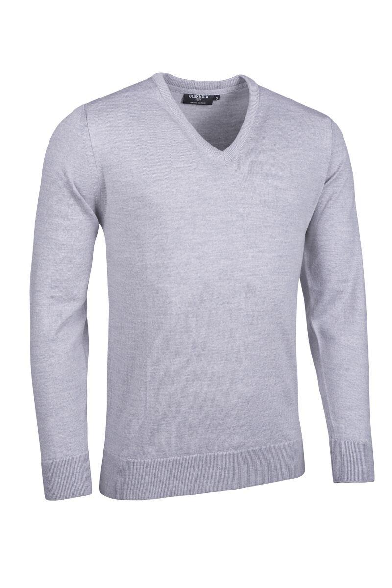 Mens V Neck Merino Wool Golf Sweater Light Grey Marl L