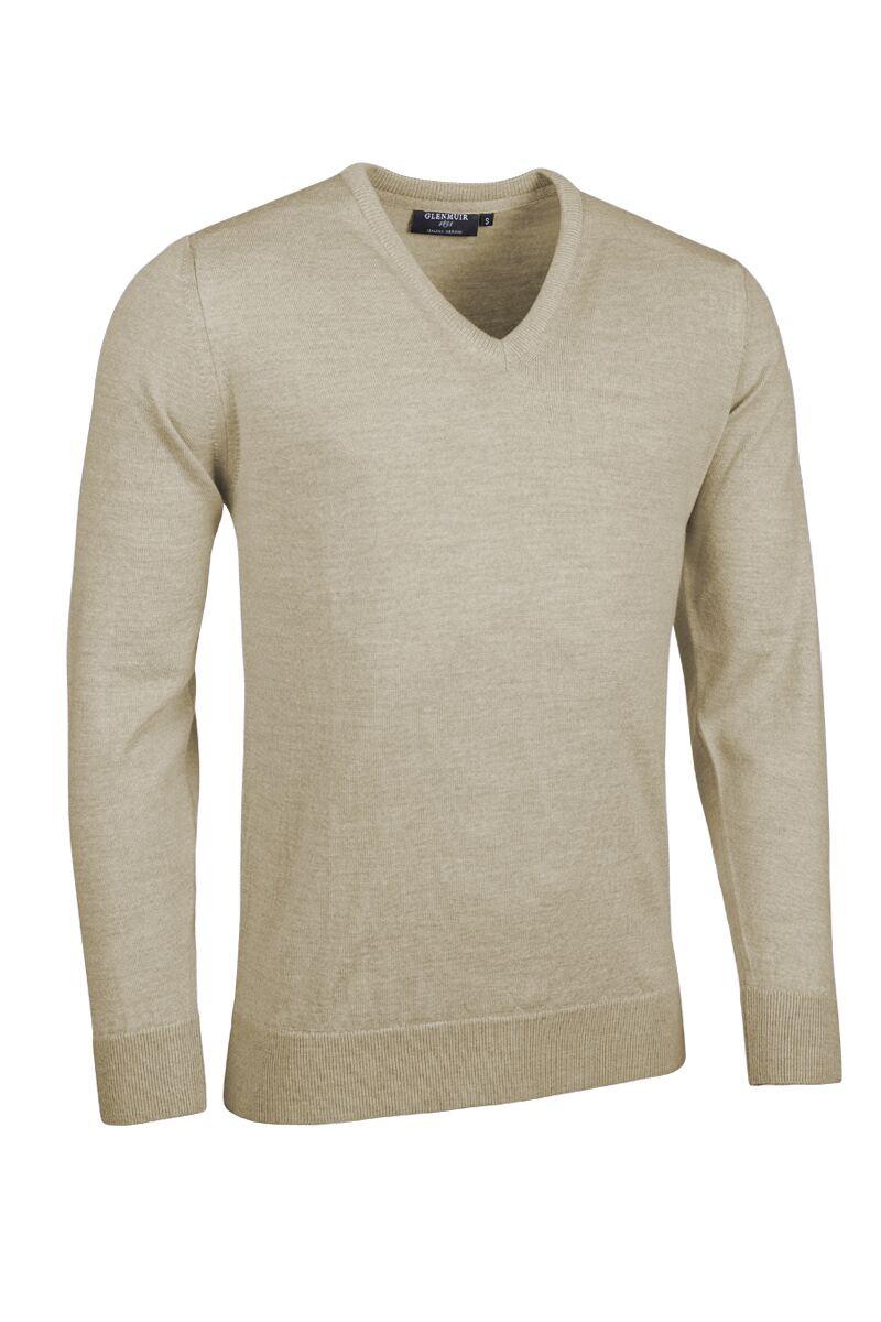 Mens V Neck Merino Wool Golf Sweater Linen Marl M