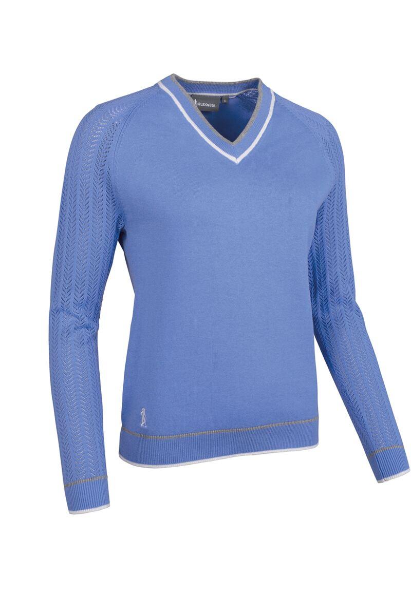 Ladies V Neck Raglan Pointelle Sleeve Cotton Golf Sweater Light Blue/Light Grey Marl/White S