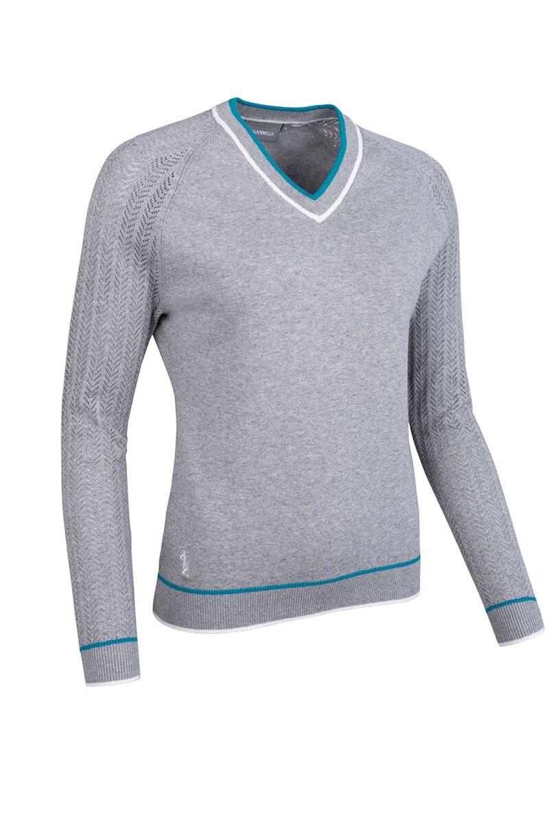 Ladies V Neck Raglan Pointelle Sleeve Cotton Golf Sweater Light Grey Marl/Lagoon/White S