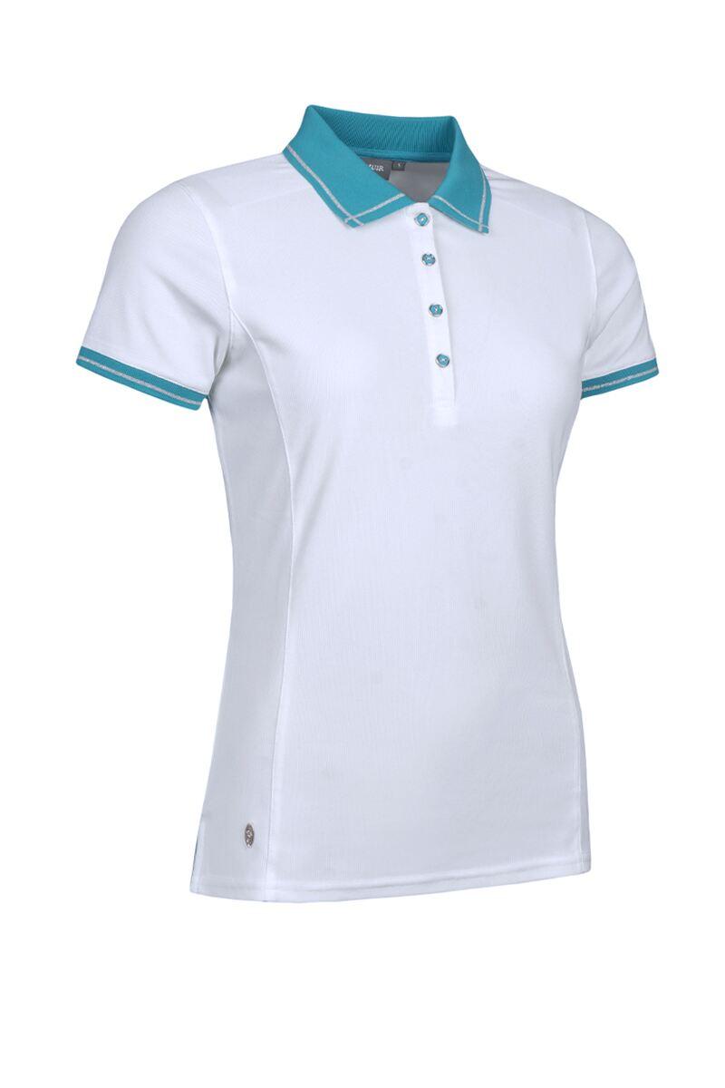 Ladies Lurex Tipping Performance Pique Golf Shirt White/Lagoon S