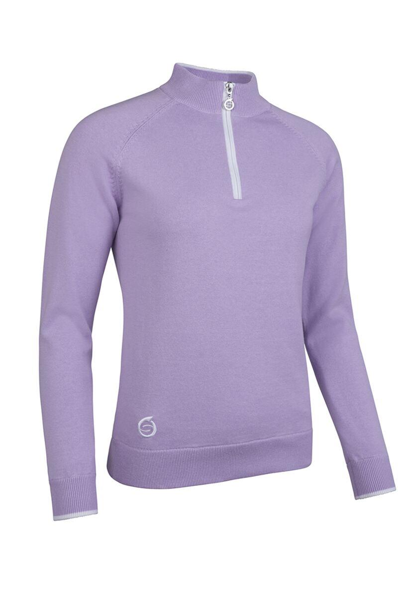 Ladies Quarter Zip Lightweight Lined Cotton Golf Sweater Lilac/White S