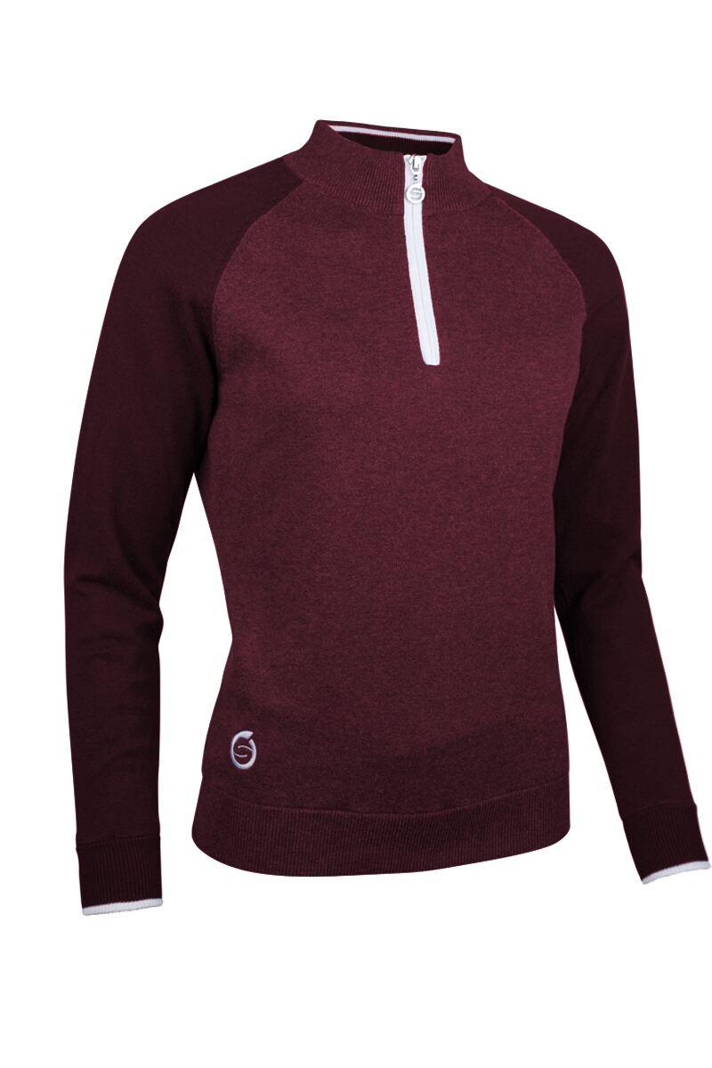 Ladies Quarter Zip Lightweight Lined Cotton Golf Sweater Mulberry/White S