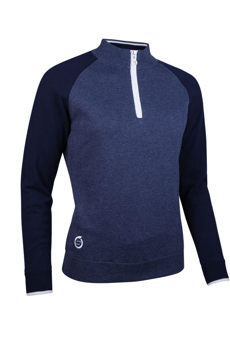 Ladies Quarter Zip Lightweight Lined Cotton Golf Sweater Navy Marl/Navy/White XL