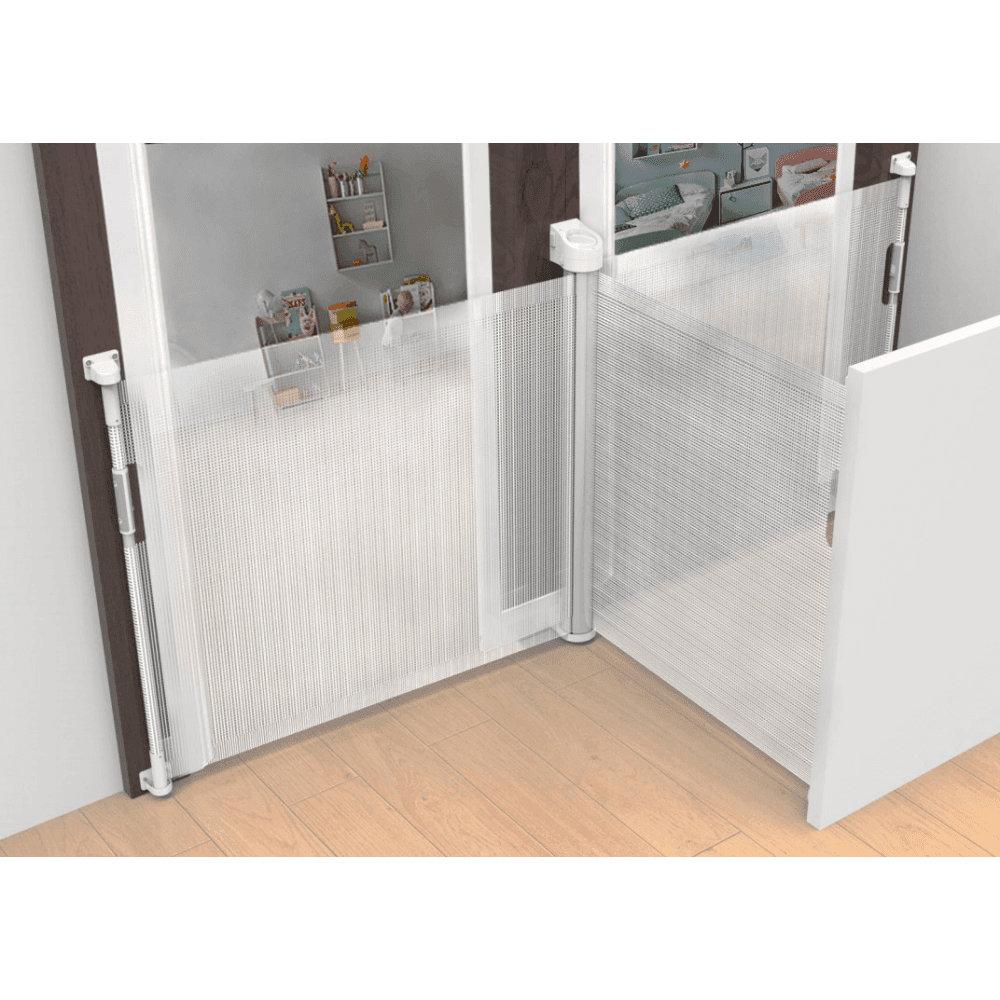 Callowesse Omni-Directional Child & Pet Retractable Safety Gate | 0-130cm x H89cm | Suitable for Doors and Stairs | White/Silver