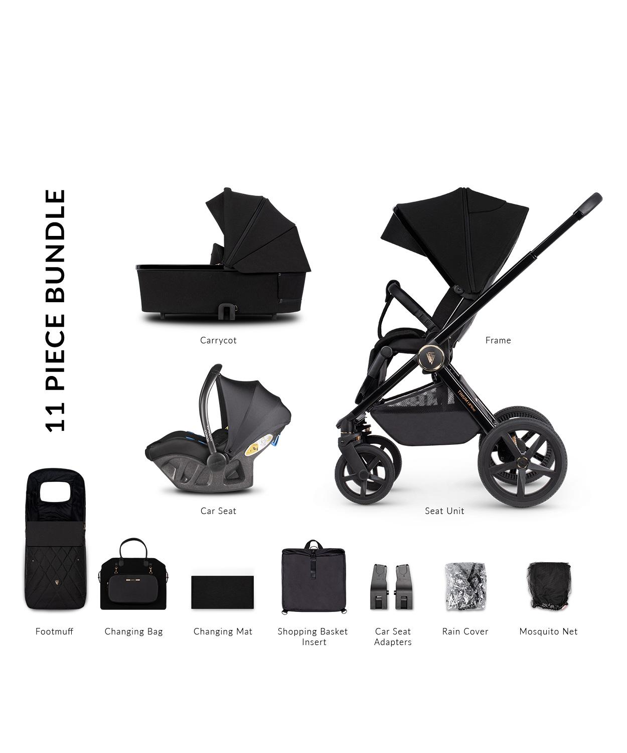 Venicci Upline 3 in 1 Travel System with Ultralite Car Seat (11 Piece Bundle) All Black Black