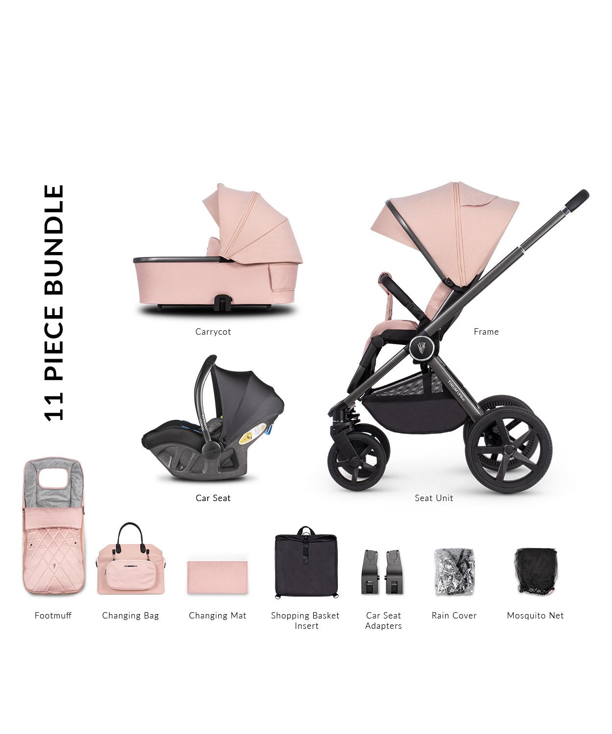 Venicci Upline 3 in 1 Travel System with Ultralite Car Seat (11 Piece Bundle) Misty Rose Grey