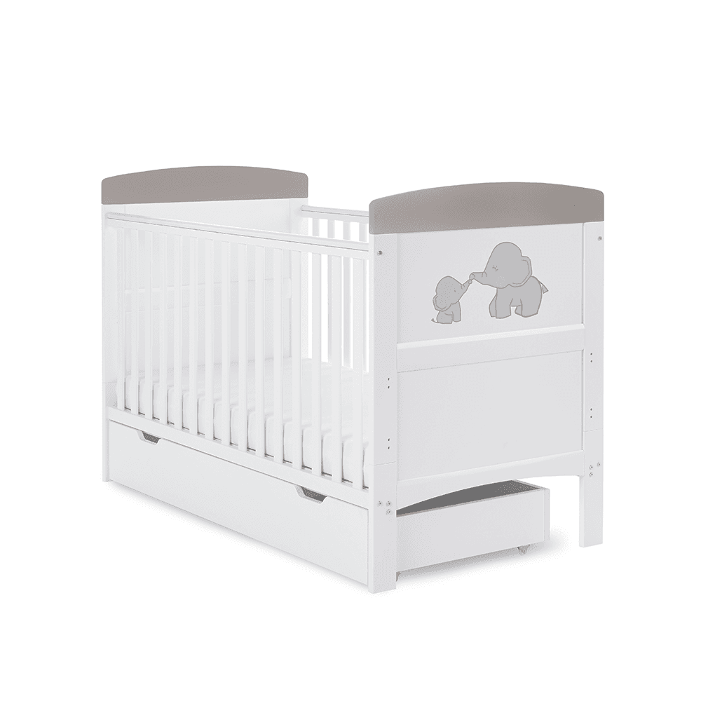 Obaby Grace Inspire Cot Bed & Underdrawer - Me & Mini Me Elephants - Grey